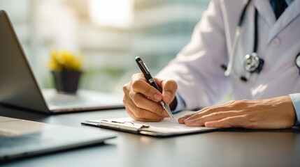 Fototapeta premium Doctor's hand writing patient information on a clipboard, symbolizing healthcare documentation