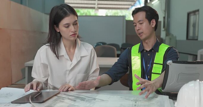 Entrepreneur explains custom DIY workpiece requirements to an engineer, reviewing parts, design options and prototype specifications in a workshop during development planning.

