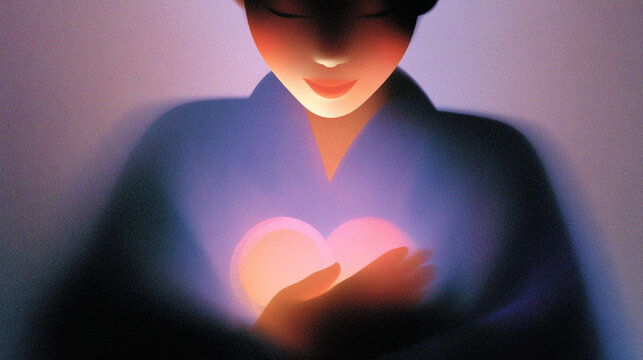 An illustration of a woman holding her glowing heart. A love and health concept