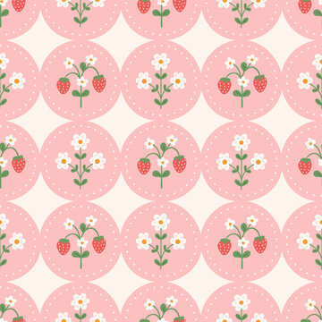 Cute seamless pattern with hand drawn strawberry and flowers in pink circle frame. Coquette girly summer floral print. Vector preppy illustration for textile, baby clothes, wallpaper.