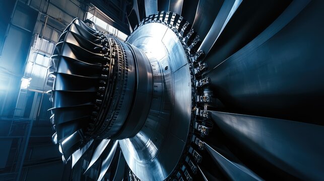Turbofan engine internal mechanism with shiny blades reflecting blue light, highlighting precision manufacturing, modern technology, and industrial power in an advanced facility
