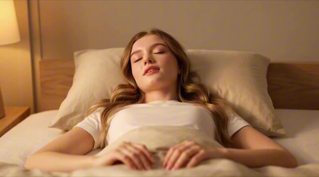 A serene woman lies comfortably in bed with a peaceful expression on her face in a cozy bedroom during a relaxing video.