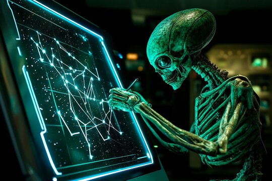 Alien skeleton creating luminous star charts in a futuristic spacecraft at night