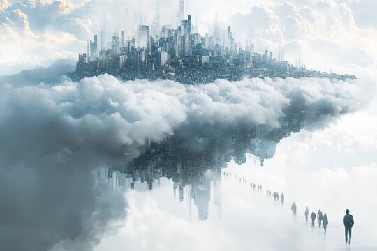 Floating city in clouds with people walking on pathways above the ground