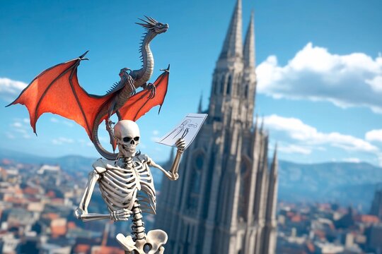Sketching gothic dragons with a skeleton under a bright sky