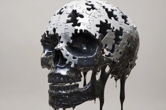 Melting puzzle skull with dripping pieces resembling flowing water