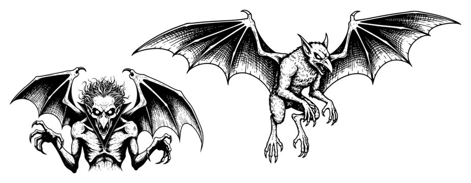 Spooky winged gargoyles and demonic imps in classic woodcut engraving style