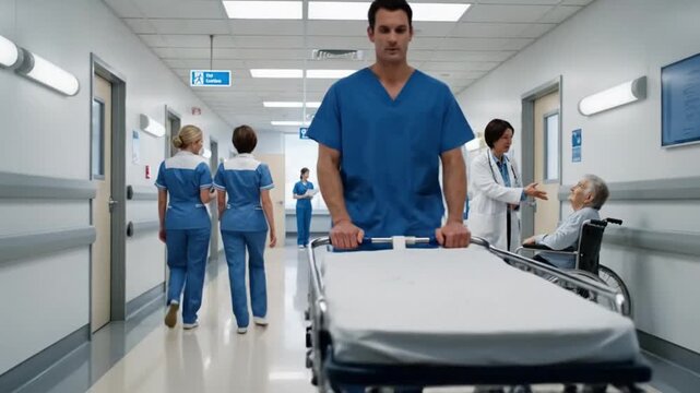 Medical orderly pushes an empty gurney through a bustling, clean hospital hallway as doctors and nurses attend to patients, showcasing healthcare professionals at work.