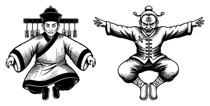 Vintage engraving of Chinese hopping vampires or Jiangshi characters in traditional attire