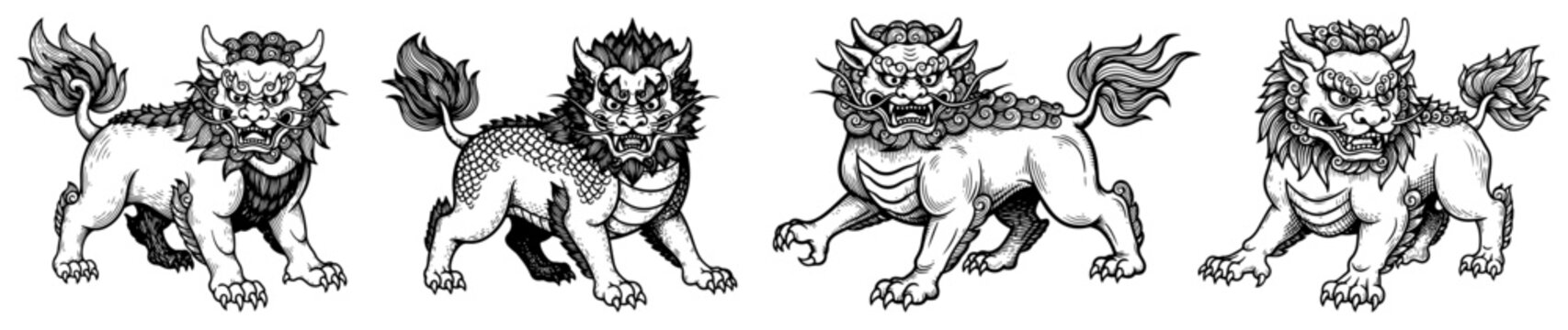 Set of traditional Chinese guardian lions and imperial foo dogs in detailed woodcut style