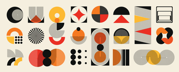 Plakat Hand drawn abstract minimal element mid century vector set. Aesthetic contemporary stripe line art, geometric shape in monochrome. Art form design for wall art, decoration, wallpaper.