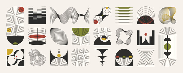 Obraz na płótnie Canvas Hand drawn abstract minimal element mid century vector set. Aesthetic contemporary stripe line art, geometric shape in monochrome. Art form design for wall art, decoration, wallpaper.