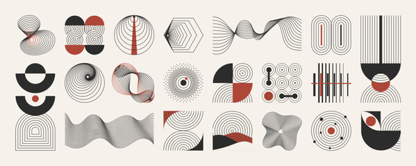 Hand drawn abstract minimal element mid century vector set. Aesthetic contemporary stripe line art, geometric shape in monochrome. Art form design for wall art, decoration, wallpaper.