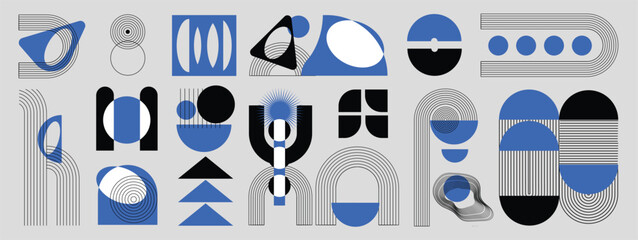 Fototapeta na wymiar Hand drawn abstract minimal element mid century vector set. Aesthetic contemporary stripe line art, geometric shape in monochrome. Art form design for wall art, decoration, wallpaper.