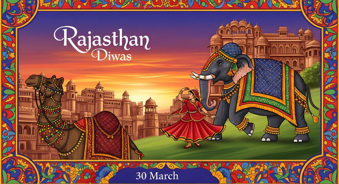 Traditional Rajasthan Diwas digital painting celebration card featuring vibrant cultural artwork with ornate folk patterns and ethnic Rajasthani heritage motifs for festive invitation design.