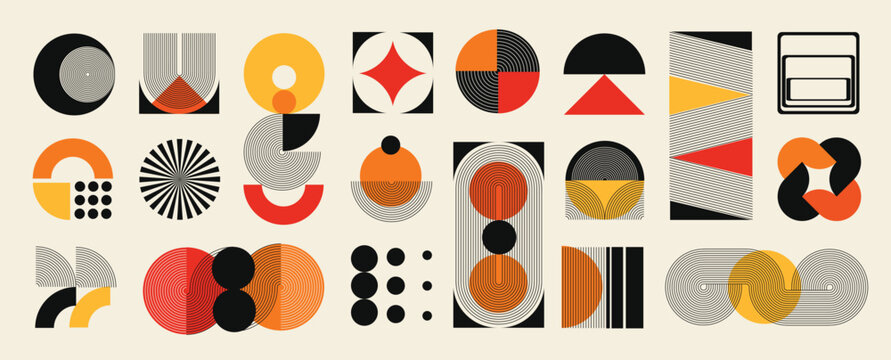 Hand drawn abstract minimal element mid century vector set. Aesthetic contemporary stripe line art, geometric shape in monochrome. Art form design for wall art, decoration, wallpaper.