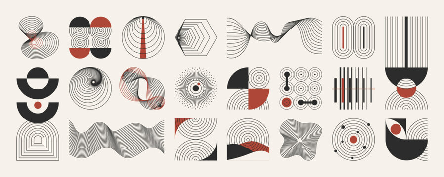 Hand drawn abstract minimal element mid century vector set. Aesthetic contemporary stripe line art, geometric shape in monochrome. Art form design for wall art, decoration, wallpaper.