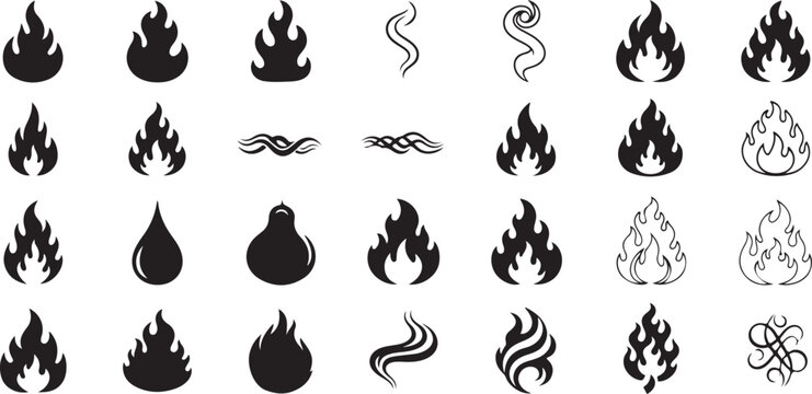 Assortment of fire flame and smoke element icons representing heat energy and abstract natural phenomena in graphic design styles.