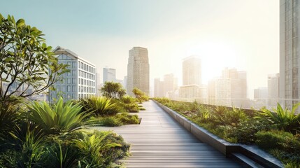 Fototapeta premium rooftop garden in modern city, green plants, urban skyline, eco architecture, sunlight, fresh atmosphere, contemporary design