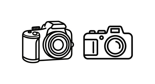 Dslr camera and compact camera icons with photography shooting equipment professional technology accessory illustration creative apparatus component collection multiple