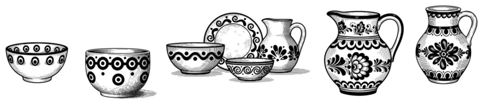 Collection of traditional ceramic pottery bowls and jugs with folk patterns in woodcut engraving style