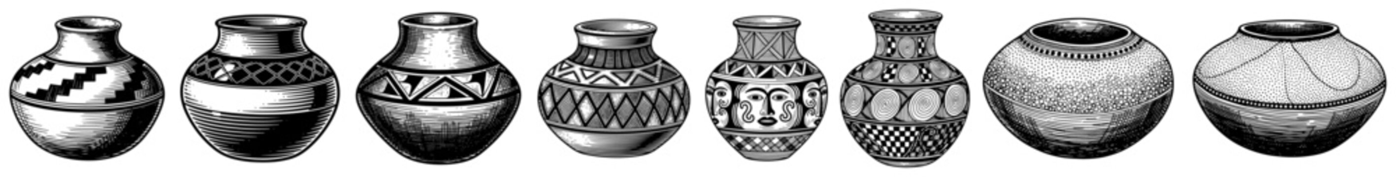 Array of decorative ceramic pots with diverse geometric and tribal patterns in woodcut engraving style