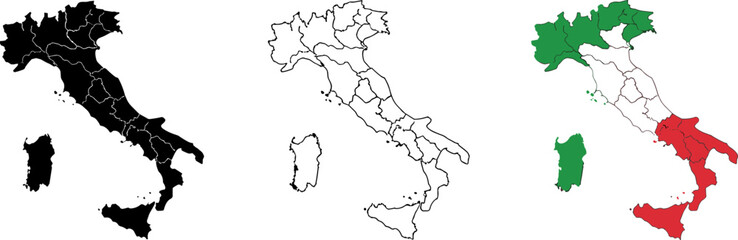 Italy map illustration set, solid silhouette with regions, outline design, Italian flag overlay, national symbol, geographic country shape, Europe © MSTESMOTARA