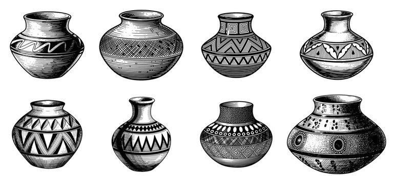Decorative pottery vessels with geometric tribal patterns in hand drawn sketch style