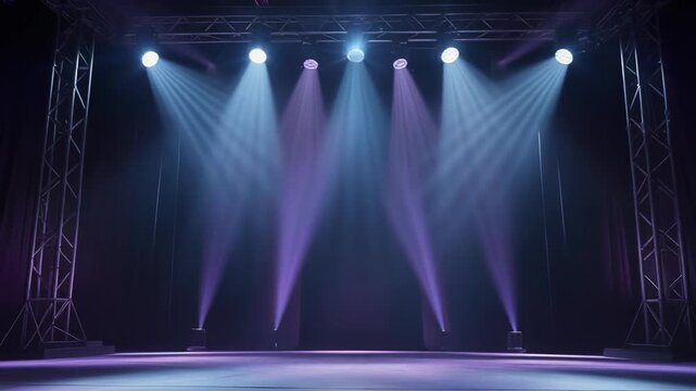 Dramatic stage lighting with spotlights and haze.