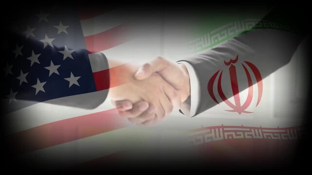 Peace agreement between United States and Iran. Two man Handshake with American and Iranian waving Flag.