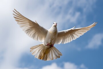 Obraz premium White dove in flight, flying bird, cloudy blue sky background, peaceful animal