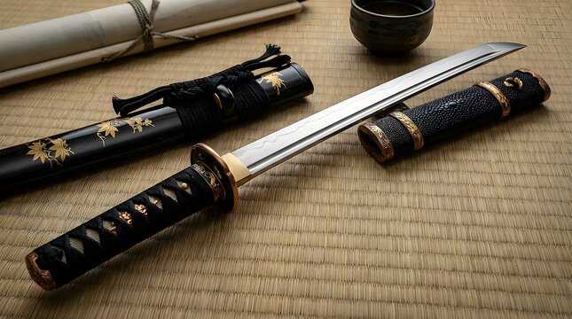 Elaborate Japanese Wakizashi Sword with Polished Blade and Ornate Scabbard on Textured Surface