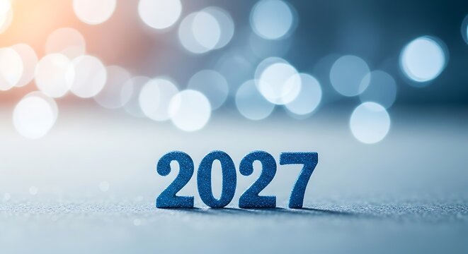 Glittery blue 2027 new year number on frosty surface with bokeh lights background