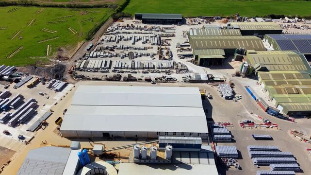 Aerial drone view of a massive concrete components manufacturing plant near Coalville UK