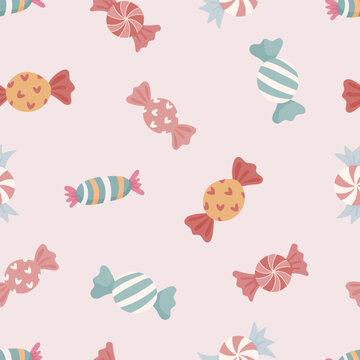 Seamless pattern with colorful wrapped candies in soft pastel tones. Playful minimal design. Perfect for fabric, packaging, kids projects, wrapping paper and backgrounds