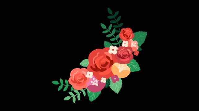 Colorful floral bouquet animation with roses and leaves on black background soft blooming decorative design style