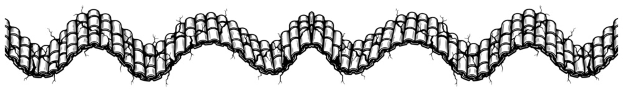 Wavy horizontal pattern of old terracotta roof tiles with cracks in a vintage woodcut style