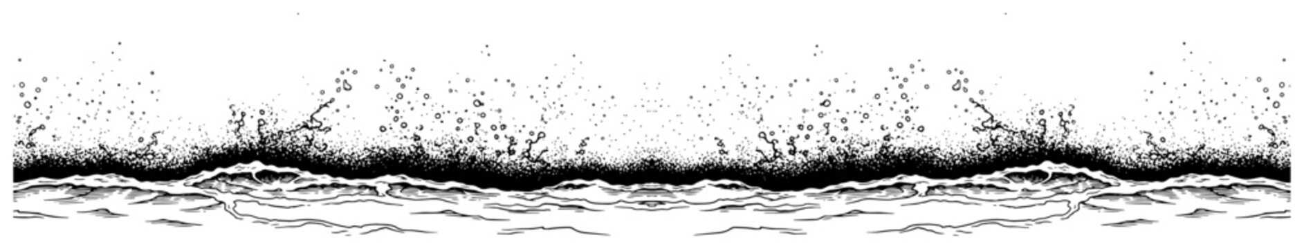 Horizontal ocean wave splash with stippled water spray in a vintage engraving style