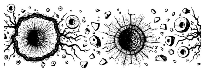 Surreal illustration of eyeballs embedded in cracked rocky craters in vintage woodcut engraving style © Mago