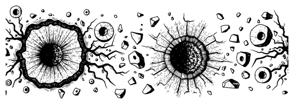 Surreal illustration of eyeballs embedded in cracked rocky craters in vintage woodcut engraving style