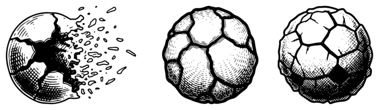 Set of cracked and shattering spherical stone objects in a detailed vintage woodcut engraving style