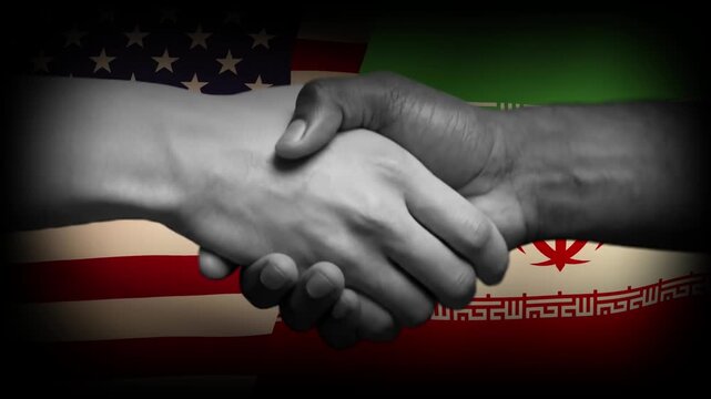 Peace agreement between United States and Iran. Two man Handshake with American and Iranian waving Flag.