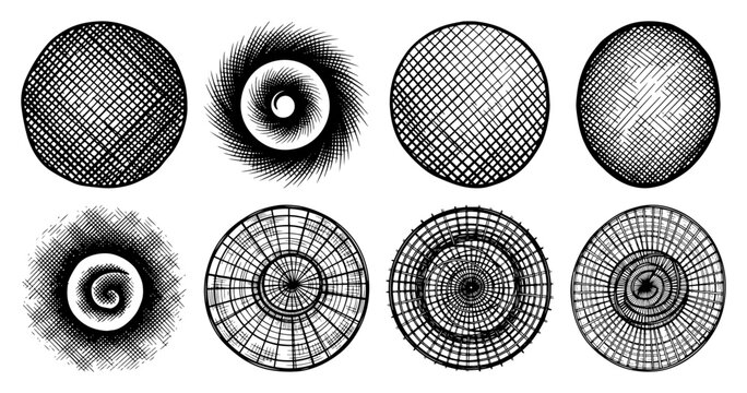 Collection of abstract circular geometric shapes with intricate cross hatching and spiral patterns in vintage engraving style