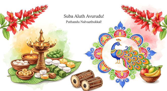 Vibrant Watercolor Digital Painting of Sinhala and Tamil New Year Celebration Card Illustration Featuring Traditional Sri Lankan Cultural Elements and Bright Artistic Textures