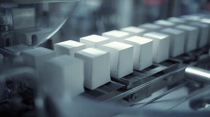 Fototapeta premium White product boxes progressing on a high speed conveyor belt in a modern factory, illustrating efficient industrial automation, manufacturing, and packaging processes
