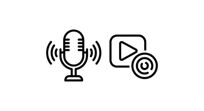 Digital content creation icons for live audio broadcasting and live stream media playback applications with broadcast microphone recording communication technology internet production interface
