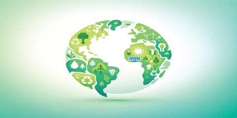 Fototapeta premium Green Sustainable Earth with Eco Icons, Renewable Energy, Recycling and Environmental Conservation, Climate Change Awareness, Sustainable Development Goals, Eco Friendly Planet Concept Illustration