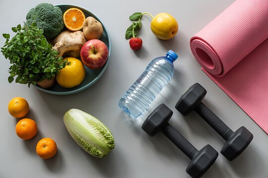 Healthy lifestyle essentials, fitness and nutrition, workout accessories, fresh fruits and vegetables