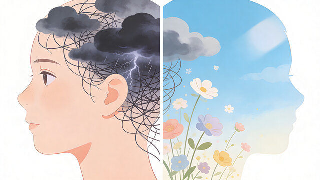 Conceptual Illustration of Human Mind with Stormy Anxiety and Peaceful Blue Sky, Mental Health Awareness Flat Design for Editorial and Wellness Use