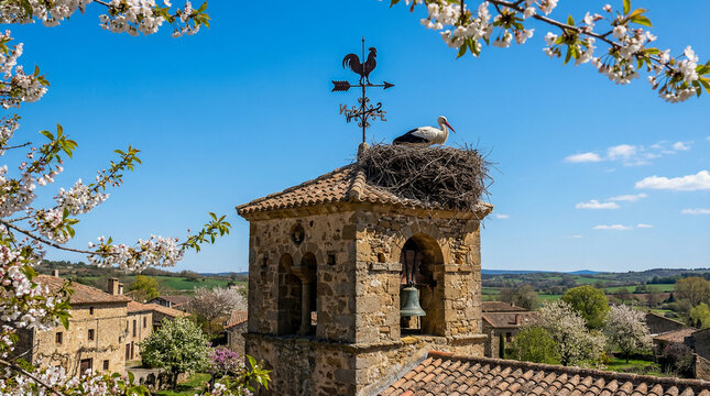  Una cig&uuml;e&ntilde;a reposa en su nido sobre la espada&ntilde;a de una antigua iglesia de piedra, junto a una veleta de forja bajo un cielo azul despejado y ramas primaverales.